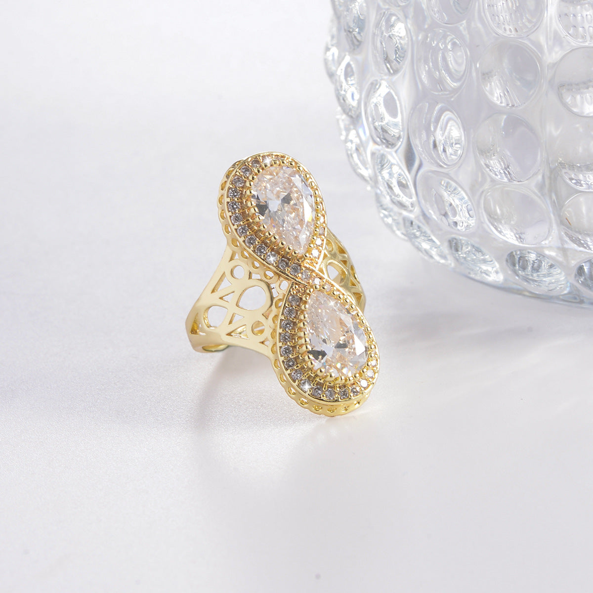 Regal Infinity Filigree Dual Pear-Cut Statement Gold Diamond Ring