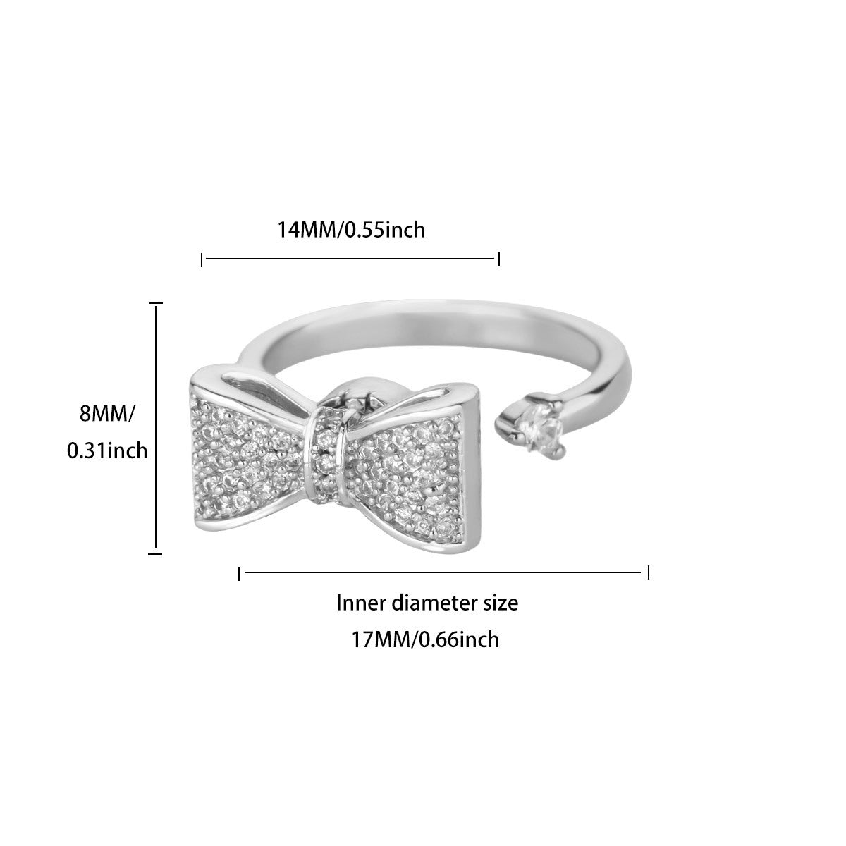 Glam Pave Bow Adjustable Solitaire Silver Diamond Ring