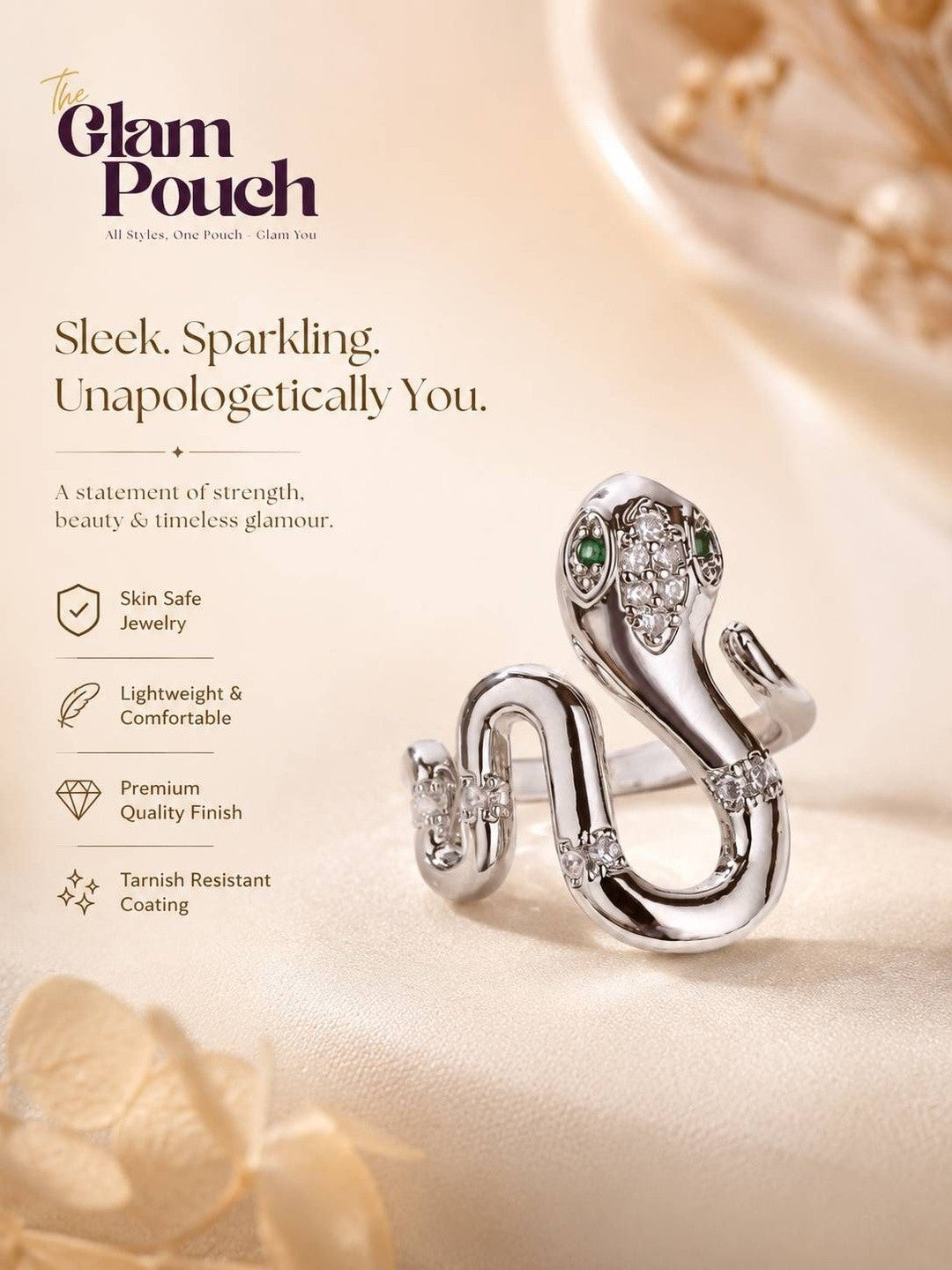 Sleek Serpentine Emerald Eyes Silver Diamond Ring