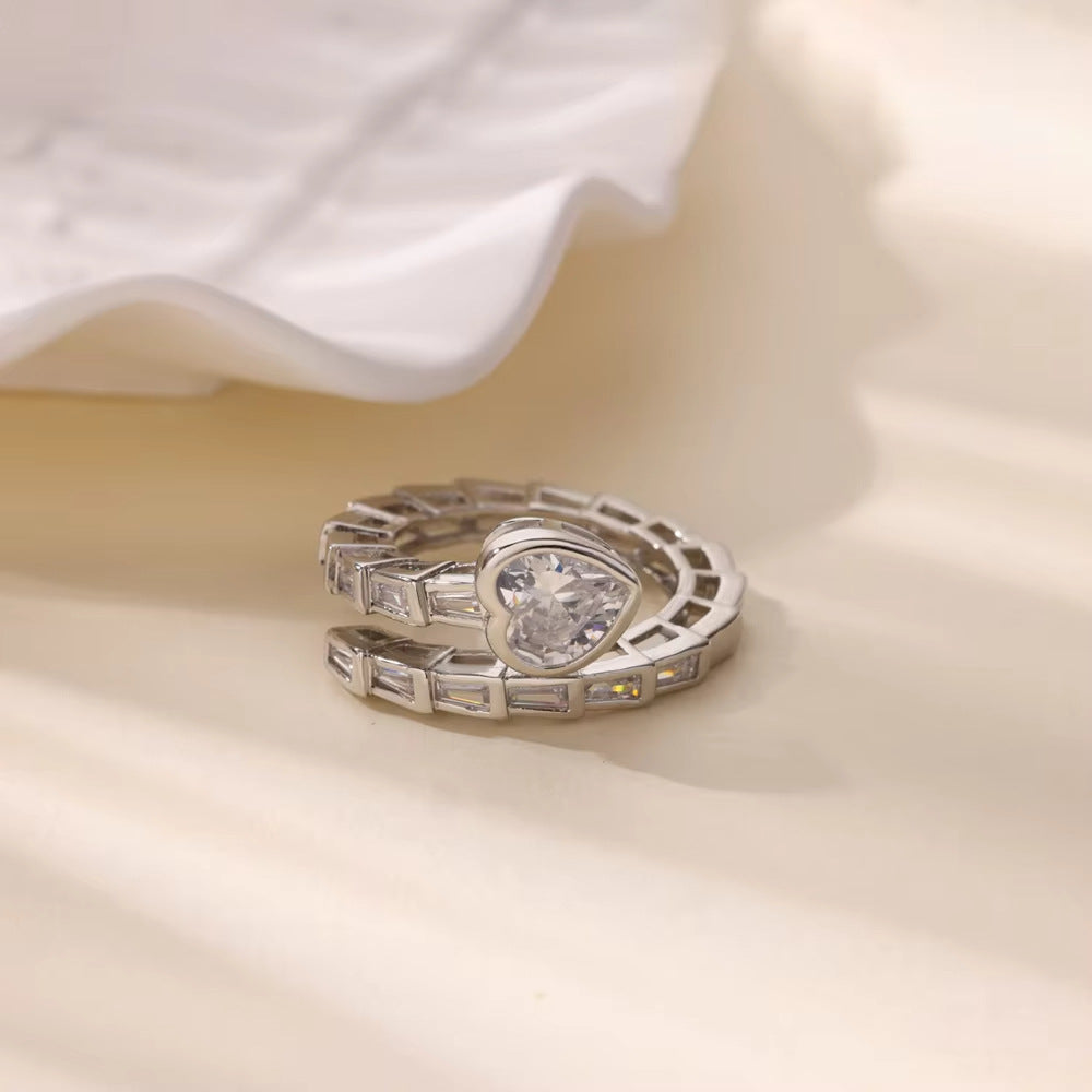 Heart Shaped Solitaire Baguette Serpent Wrap Silver Diamond Ring