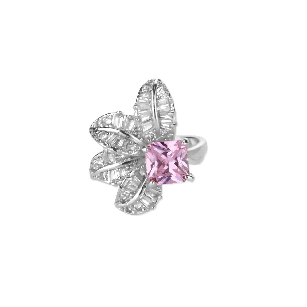 Dazzling Floral Pink Sapphire Silver Coated Diamond Ring
