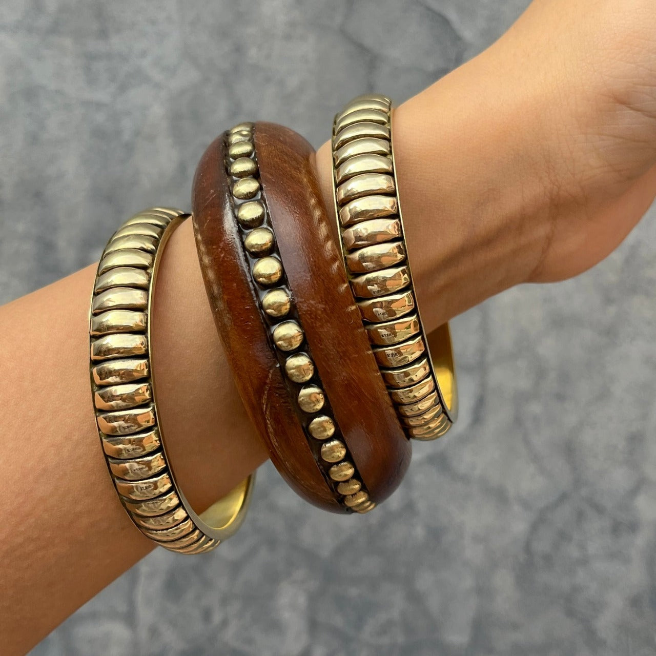 Ribbed Brass & Wooden Bangle Stack - The Maya Set