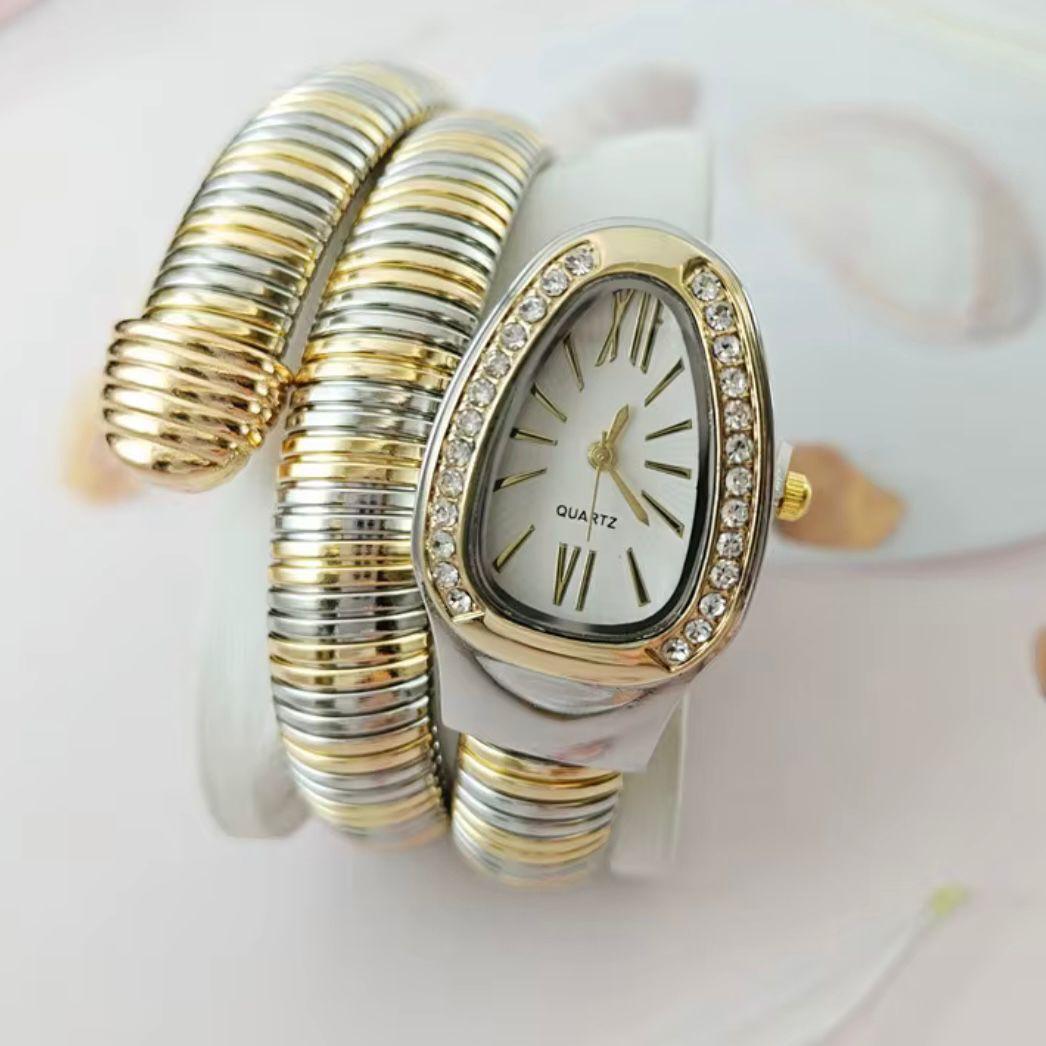 Crystal Encrusted Dual tone Snake Watch Timepiece- White