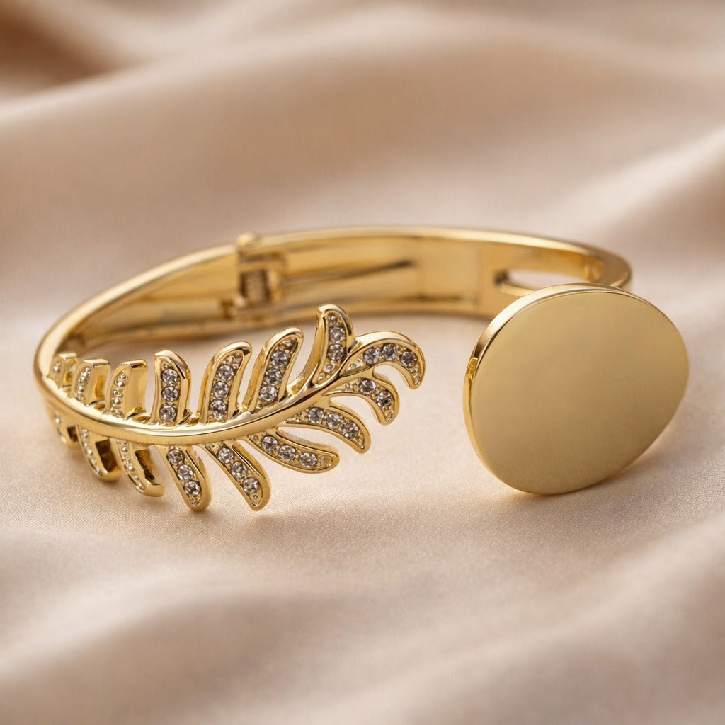 Fern Leaf with Crystal Accents Gold Cuff Bracelet