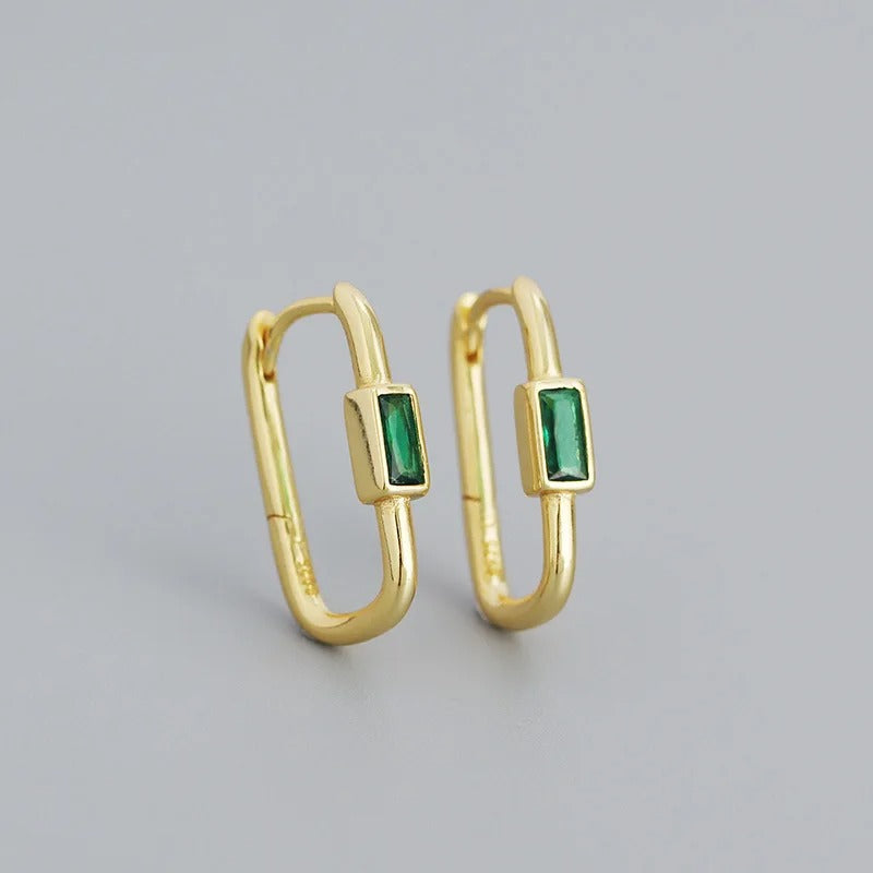 Minimal gold plated hoop earrings with emerald green stone, elegant lightweight jewellery for women suitable for daily wear