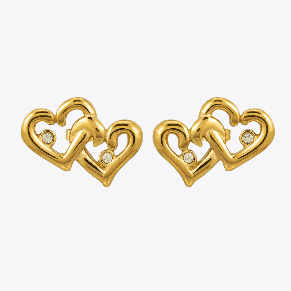 Elegant gold double heart stud earrings with sparkling stone accents, stylish lightweight jewelry for women and girls