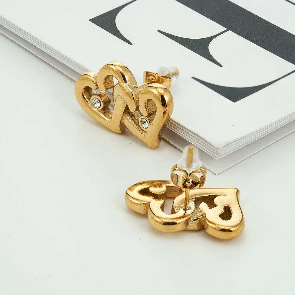 Trendy gold heart stud earrings with crystal accents, chic lightweight jewelry for everyday wear and special occasions