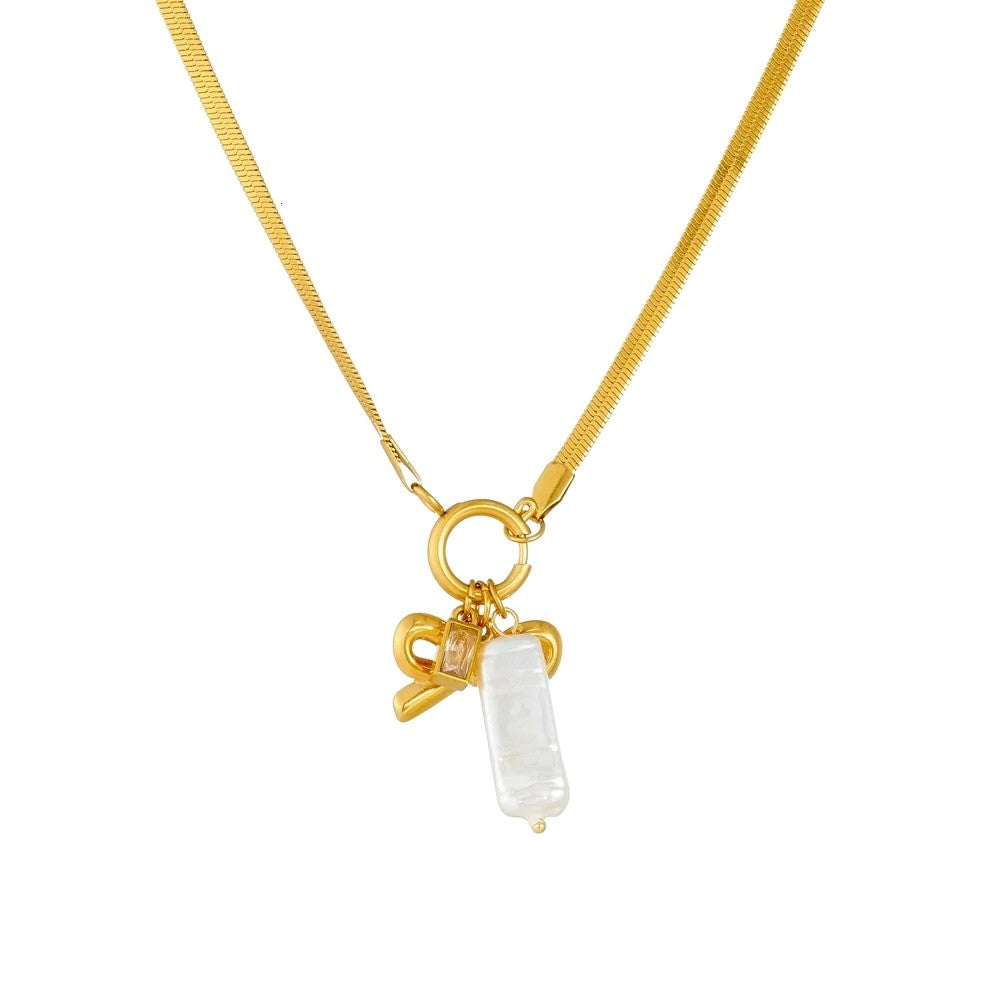 Golden Bowknot Zircon Pearl Charm Pendant Necklace