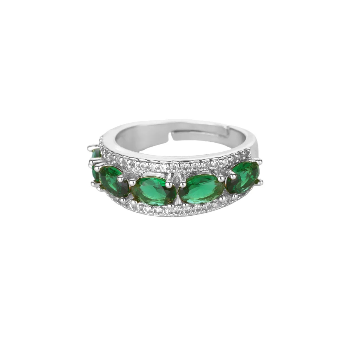 Opulent Emerald Oval Halo Stackable Silver Band Ring