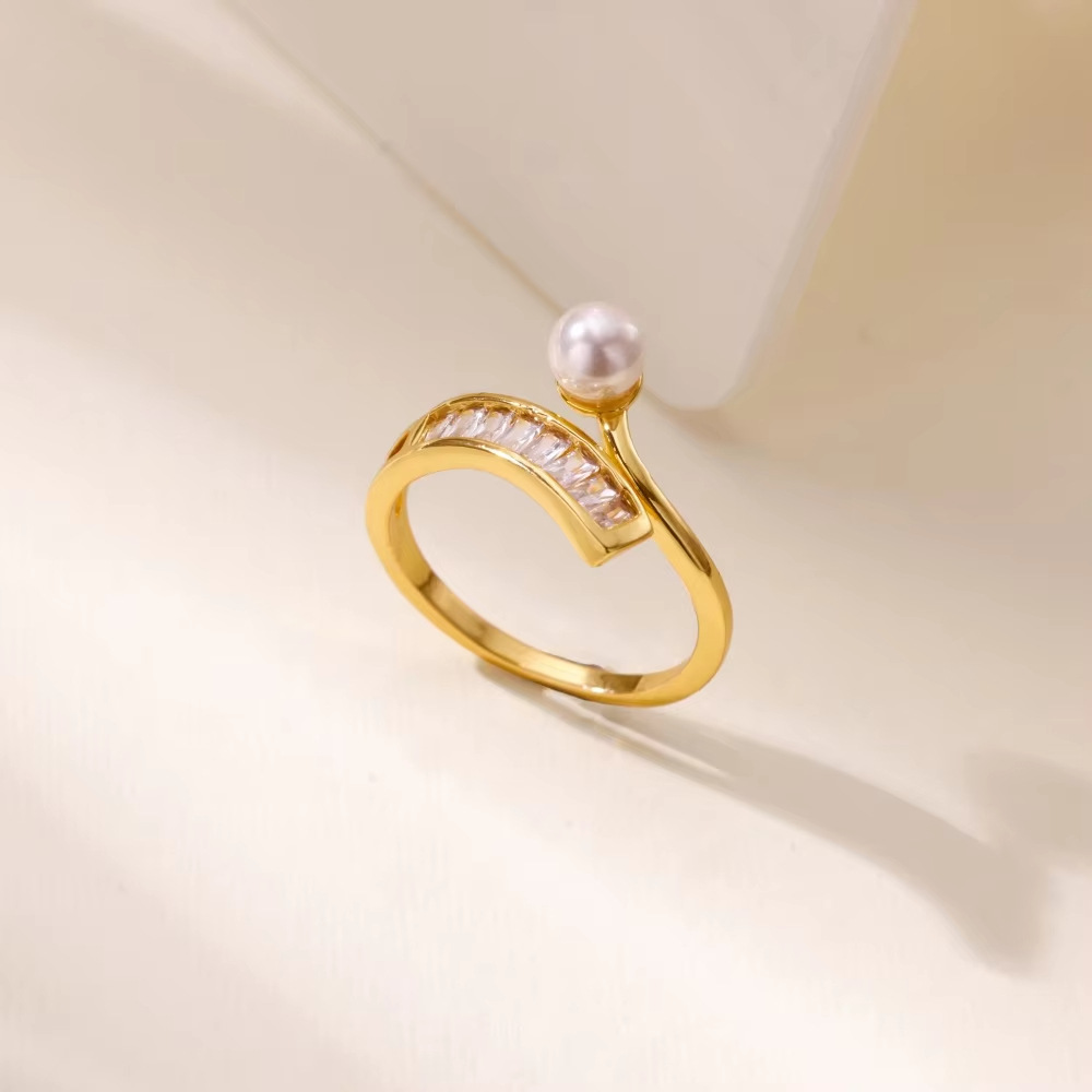 Swirl Baguette & Solitaire Stackable Diamond Pearl Ring