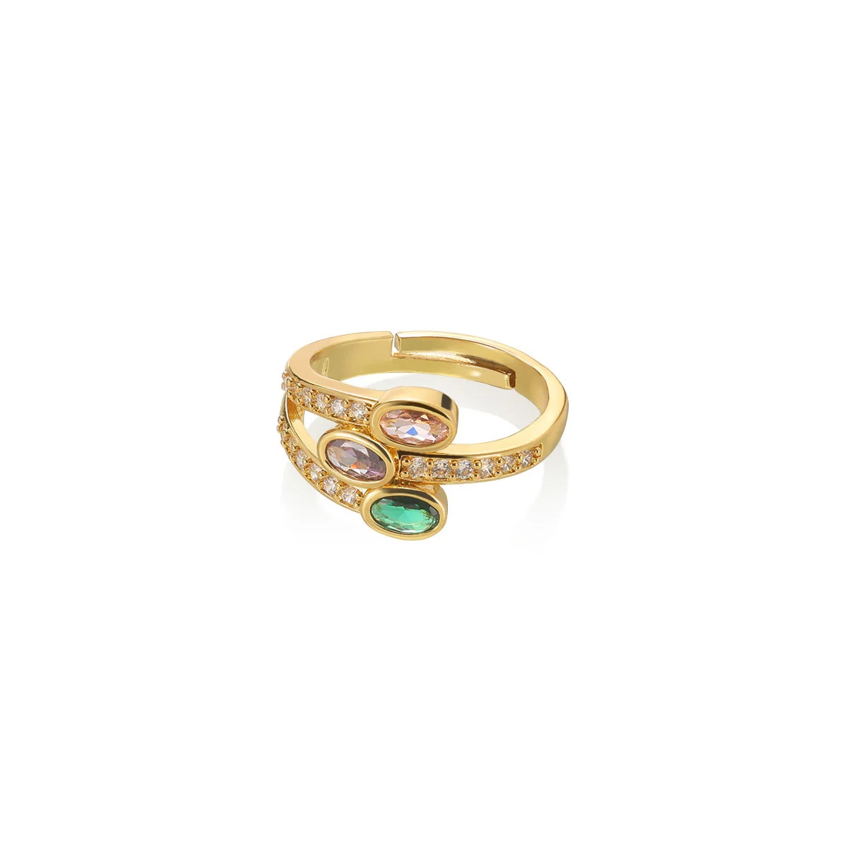 Offset Tri-Color Oval Stone Wrap Adjustable Diamond Ring