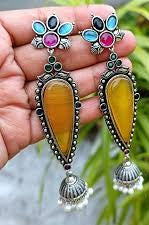 Adhira Embellished Oxidised Jhumka Statement Earrings