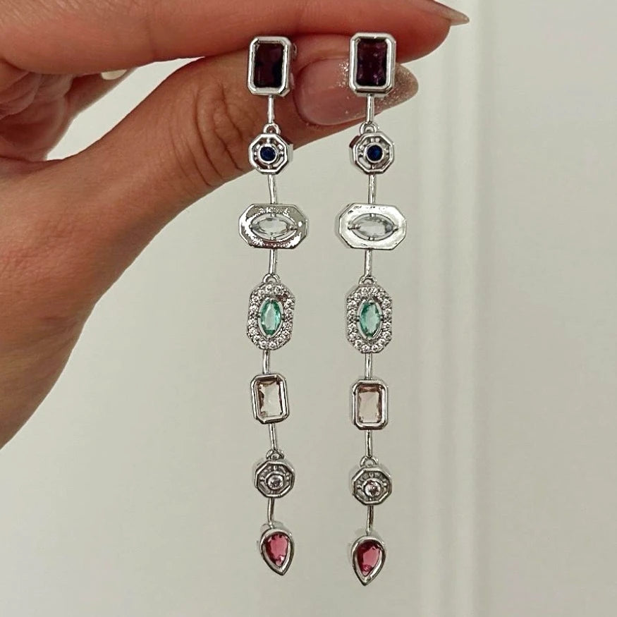 Art Deco Multi-Stone Geometric Silver Linear Earrings