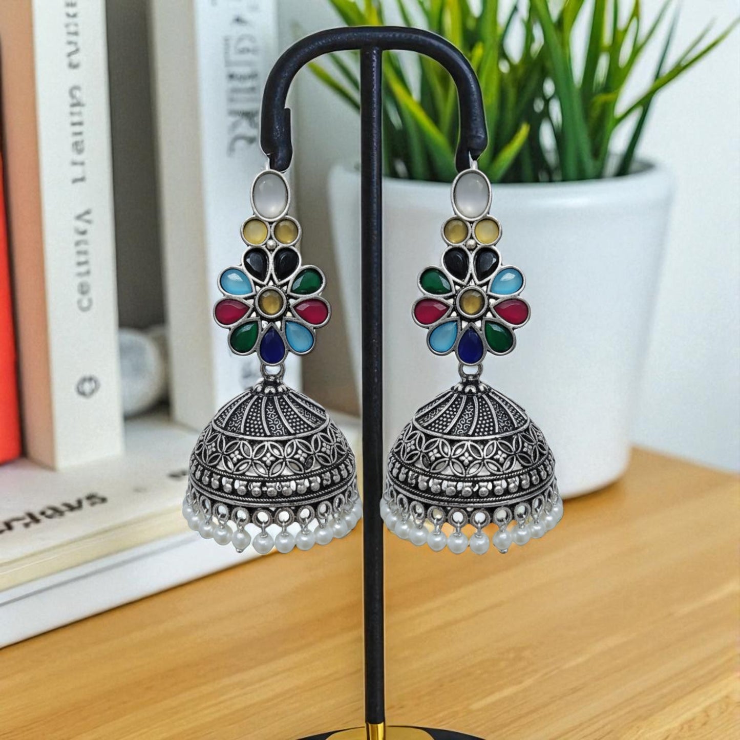 Juhi Embellished Oxidised Jhumka Statement Earrings