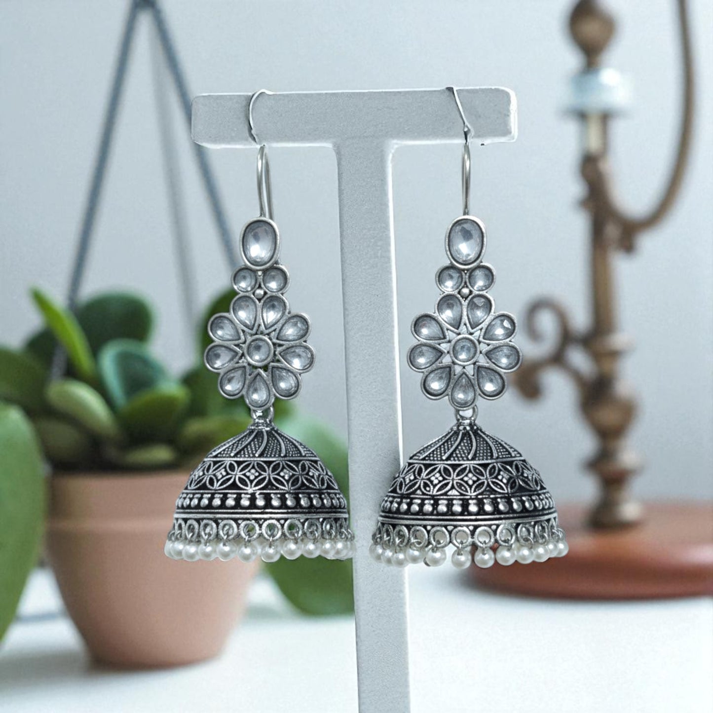 Juhi Embellished Oxidised Jhumka Statement Earrings