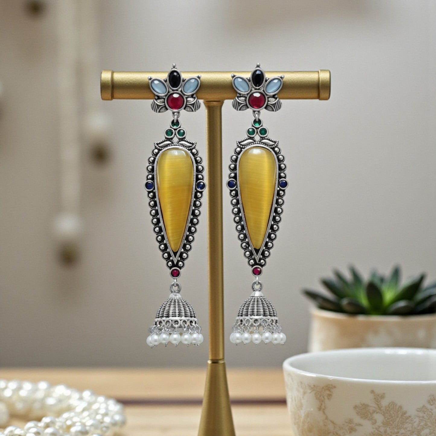 Adhira Embellished Oxidised Jhumka Statement Earrings