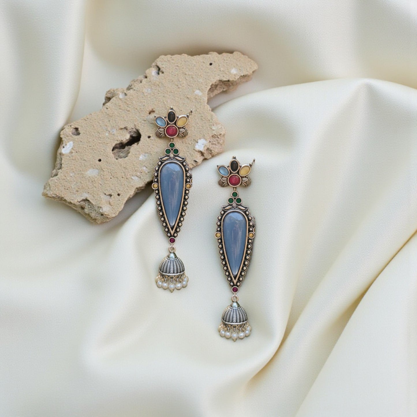 Adhira Embellished Oxidised Jhumka Statement Earrings