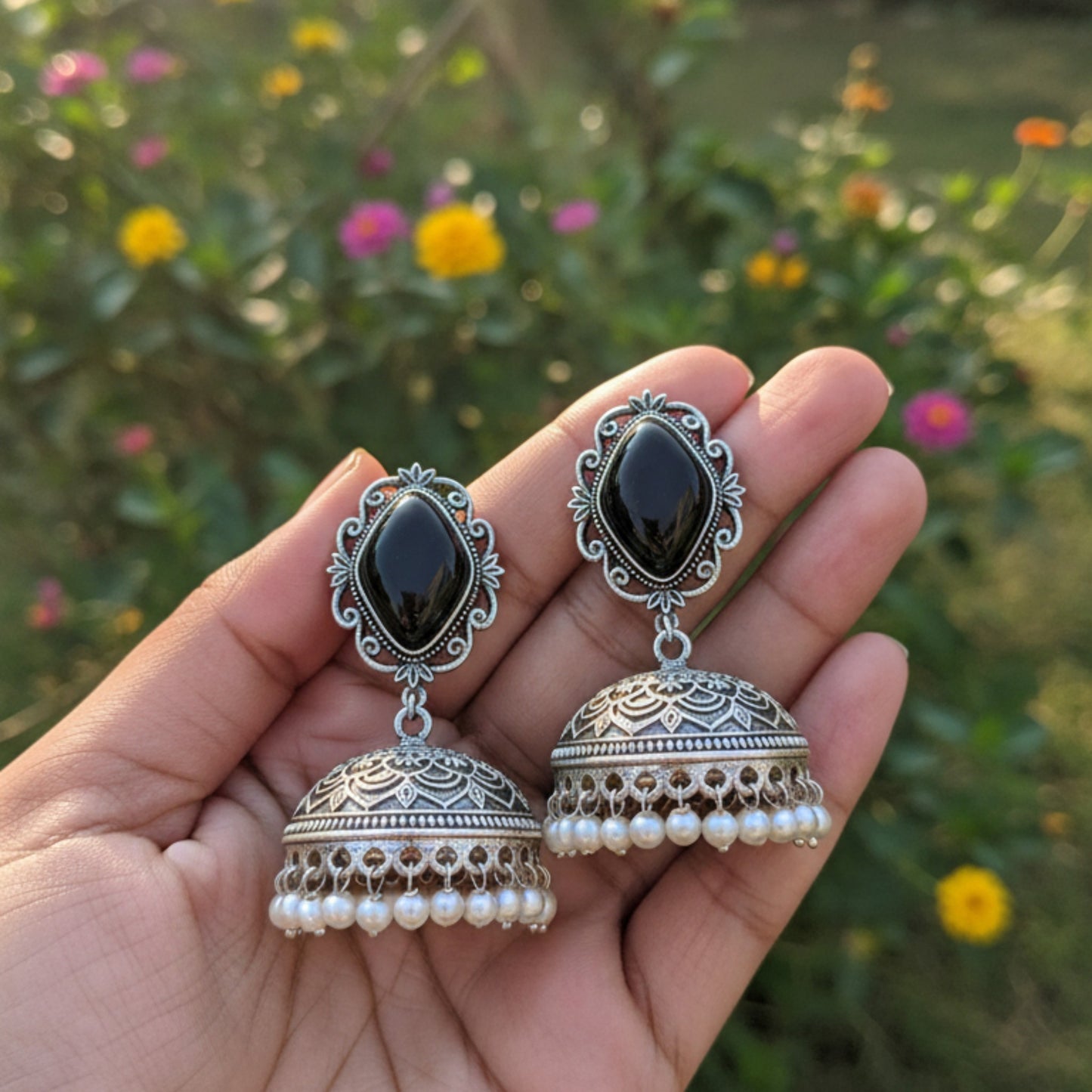 Prerna Embellished Oxidised Jhumka Statement Earrings