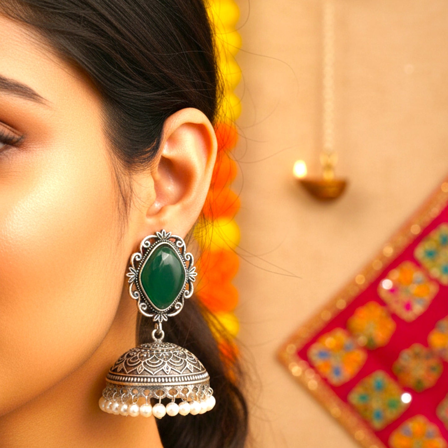 Prerna Embellished Oxidised Jhumka Statement Earrings