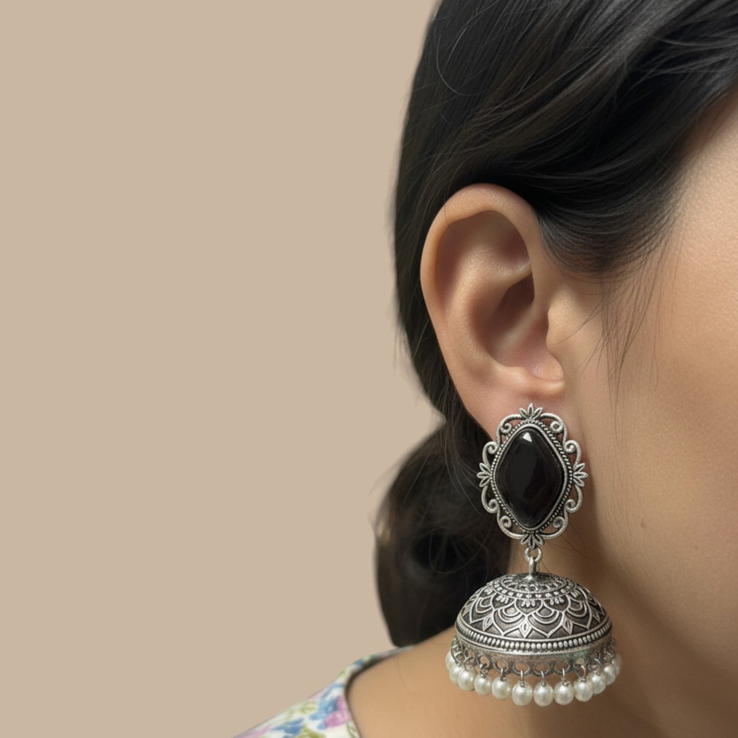 Prerna Embellished Oxidised Jhumka Statement Earrings
