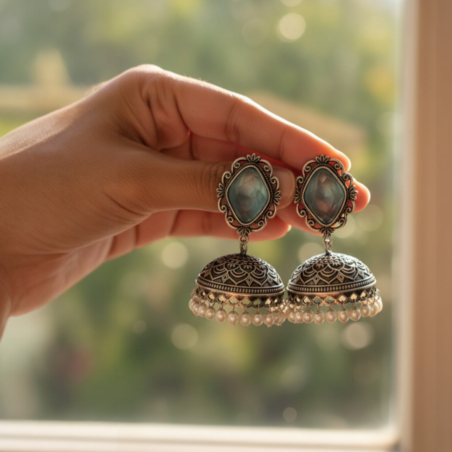 Prerna Embellished Oxidised Jhumka Statement Earrings