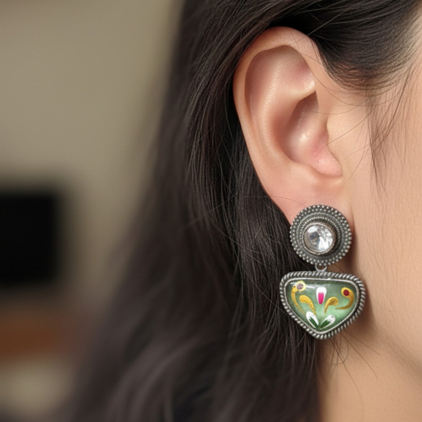 Visvadipti Handpainted Embellished Oxidised Jhumka Statement Earrings