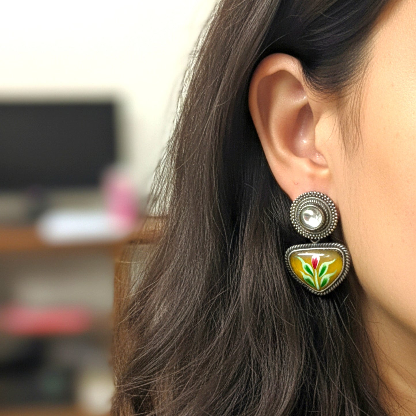Visvadipti Handpainted Embellished Oxidised Jhumka Statement Earrings