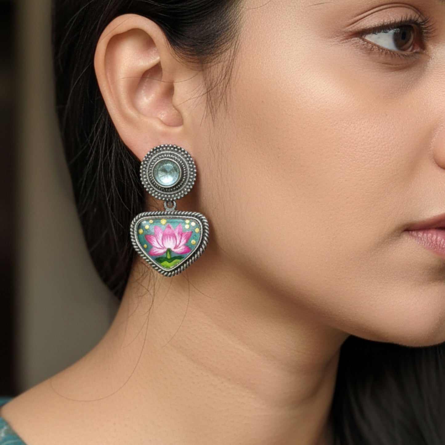 Visvadipti Handpainted Embellished Oxidised Jhumka Statement Earrings