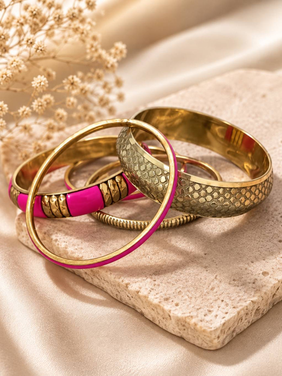 Gold-Tone Pink Enamel Bangle Stack for Women