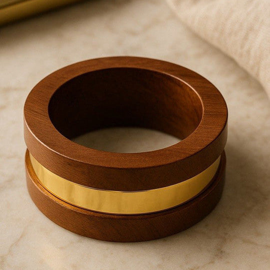 Glossy Gold Strip Cuff  Wooden Bangle