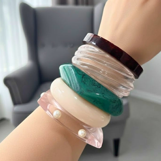 Elevated Marbled & Clear Resin Bangle Stack with Pearls