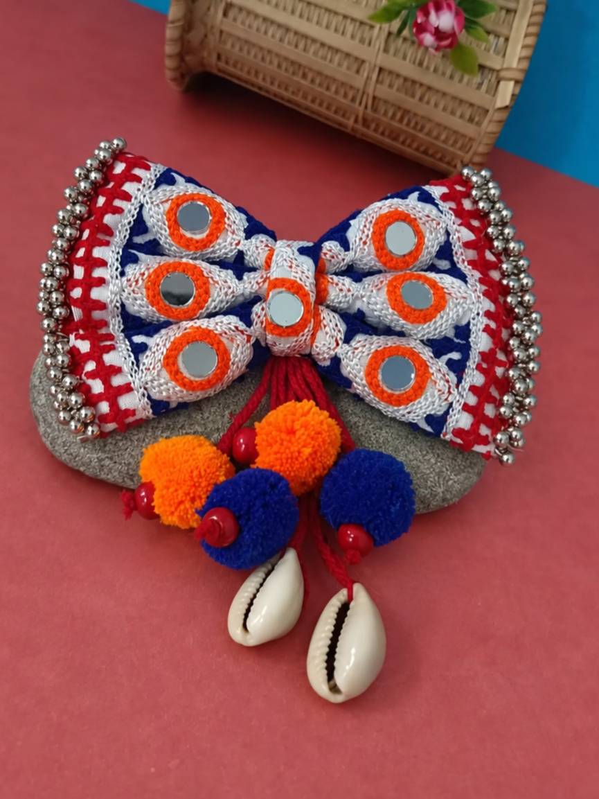 Mirror Work Bow Hair Clip With Pom-Pom & Cowrie
