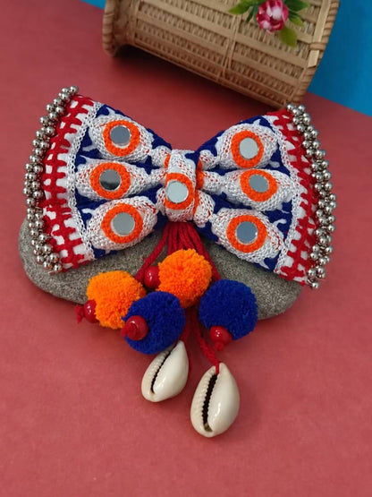 Mirror Work Bow Hair Clip With Pom-Pom & Cowrie