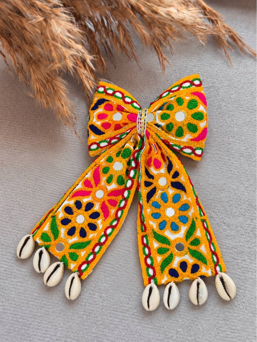 Embroidered Mirror Work Hair Bow Clip with Cowrie Shells