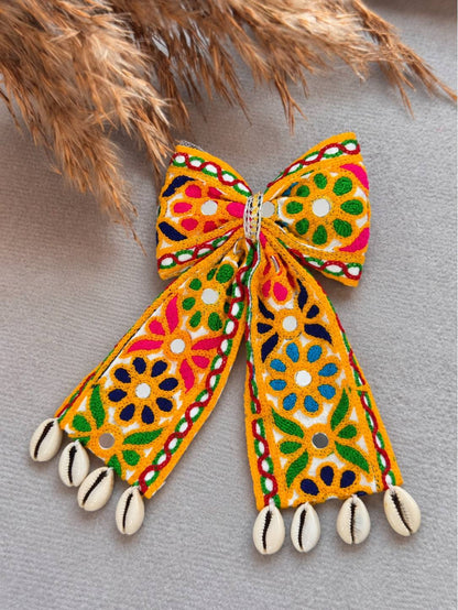 Embroidered Mirror Work Hair Bow Clip with Cowrie Shells
