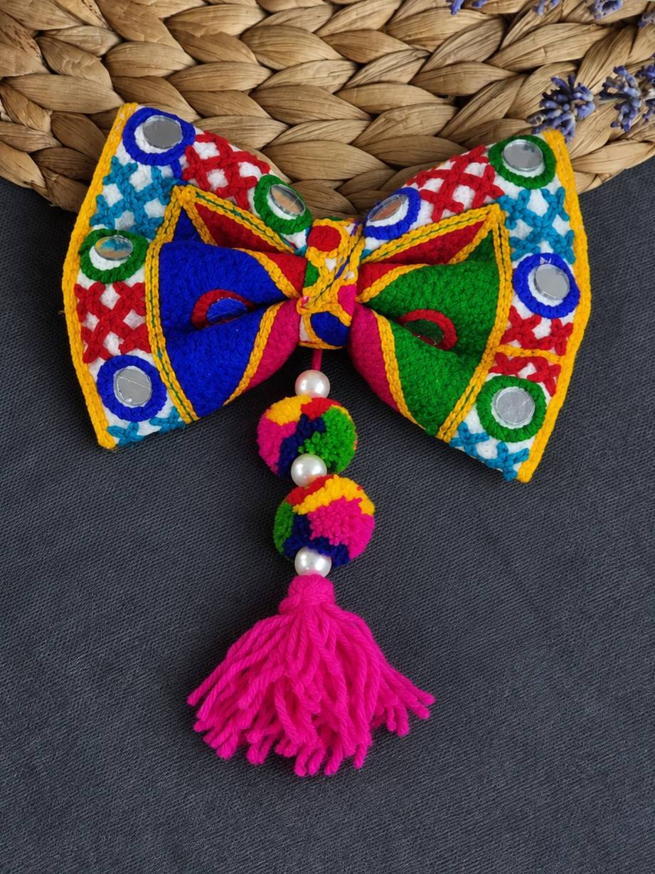 Mirror Work Embroidered Bow Hair Clip With Tassel
