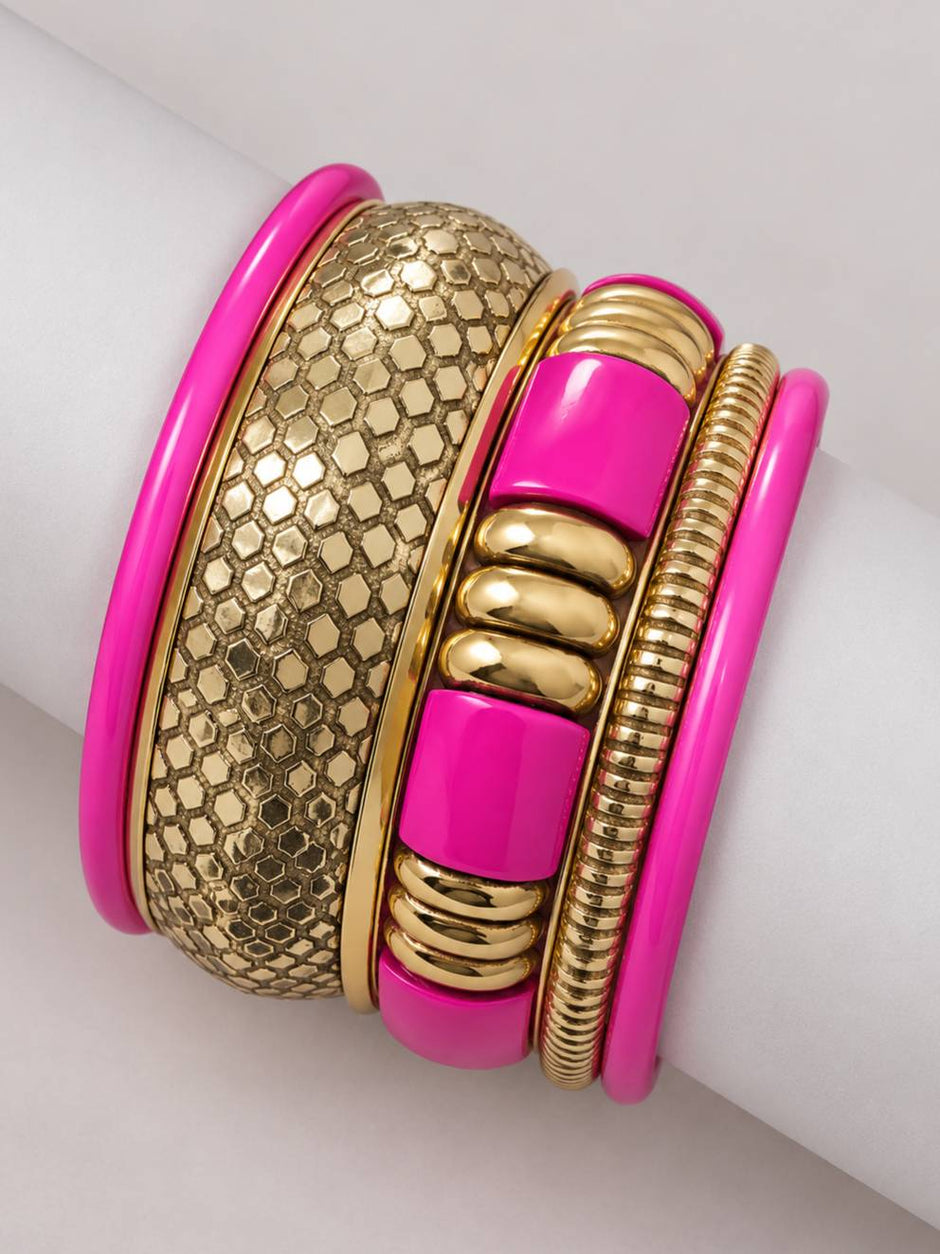 Gold-Tone Pink Enamel Bangle Stack for Women