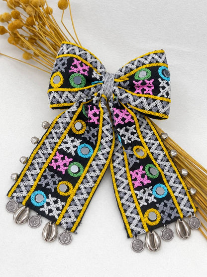 Embroidered Fabric Bow Hair Clip with Mirror Work
