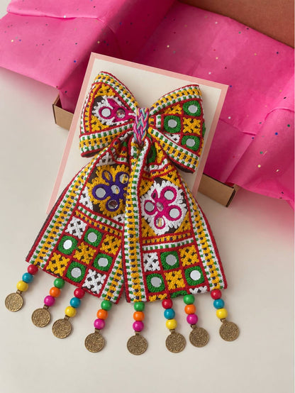 Embroidered Mirror Work Hair Bow Clip for Women
