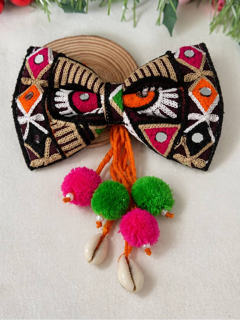 Embroidered Mirror Work Bow Hair Clip for Women