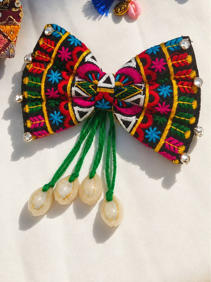 Embroidered Fabric Bow Hair Clip with Cowrie Shells