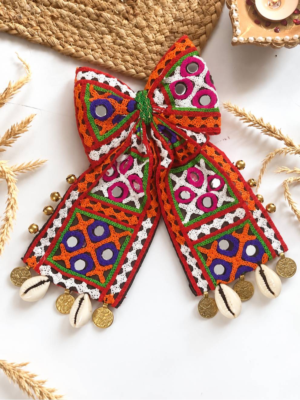 Mirror Work Embroidered Bow Hair Clip for Women