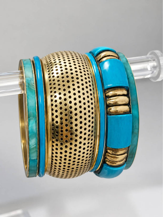 Turquoise Gold-Tone Brass Bangle Stack for Women