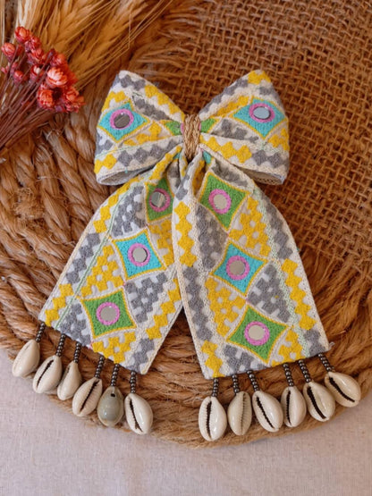 Mirror Work Embroidered Bow Hair Clip with Cowrie Shells