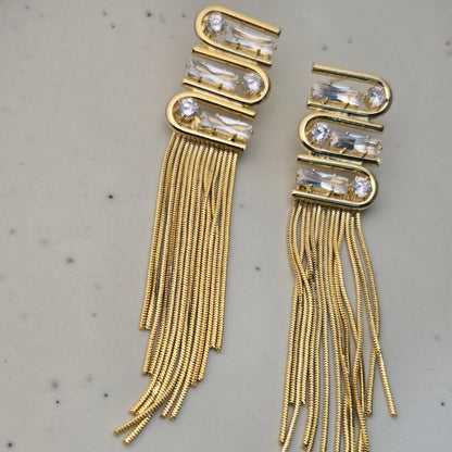 Gold Crystal Tassel Drop Earrings