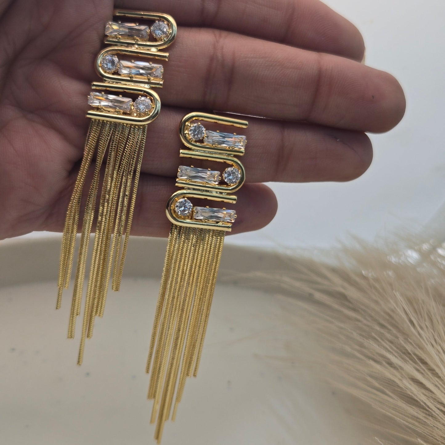 Gold Crystal Tassel Drop Earrings