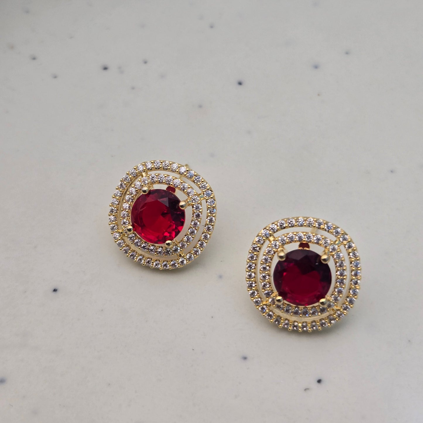 Gilded Ruby-Red Pavé Double Halo Studs