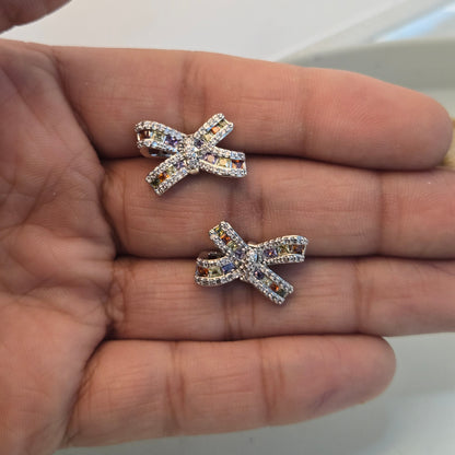 SIlver Rainbow Zirconia Spark Bow Earrings