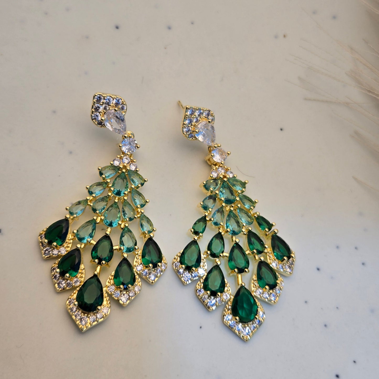 Gilded Emerald & Mint Crystal Waterfall Chandeliers