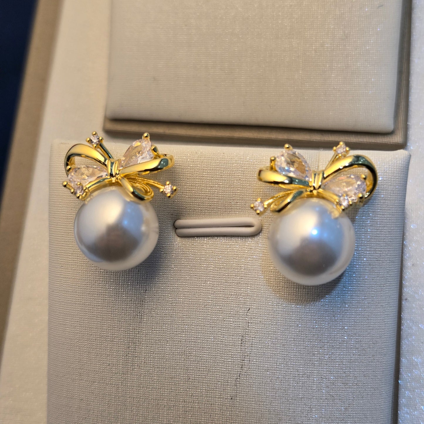 Pearl Bow Crystal Stud Earrings